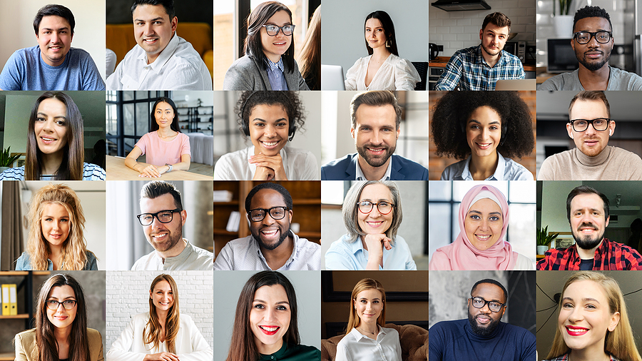 Crowded video screen with diverse multinational people on it. Video meeting online for office employees working remotely. Multiracial colleagues involved in online conference, video call. Hr data base