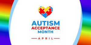 Autism Acceptance Month. Vector banner, poster, flyer, greeting card for social media with the text Autism Acceptance Month, April. Illustration with Puzzles and rainbow on white background