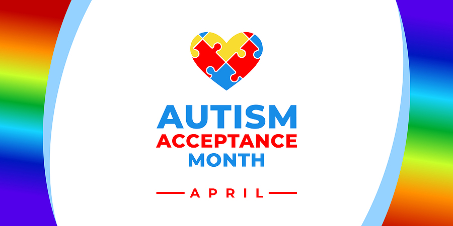 Autism Acceptance Month. Vector banner, poster, flyer, greeting card for social media with the text Autism Acceptance Month, April. Illustration with Puzzles and rainbow on white background