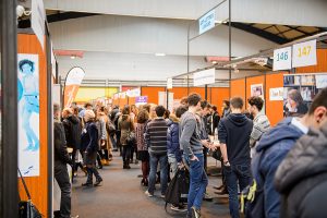 Booths at a career fair at a university