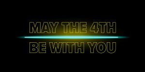 May the 4th be with you holiday greetings vector illustration with text on night space background. May the fourth be with you lettering. star wars day poster design template