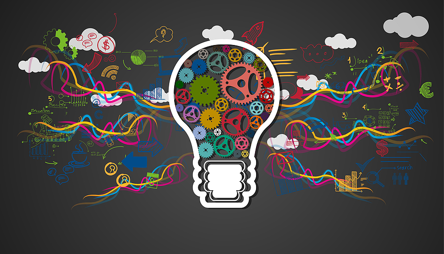 light bulbs cog Idea. plan think analyze creative startup business. illustration creativity modern concept vector.