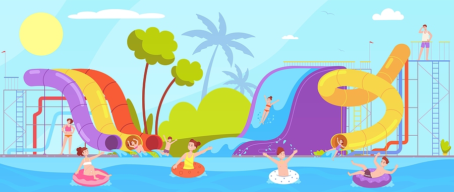 People vacation in aquapark. Family summer chill aquapark or swim hotel pool party, parents child entertainment sea extreme waterpark slide attraction, vector illustration of aquapark recreation