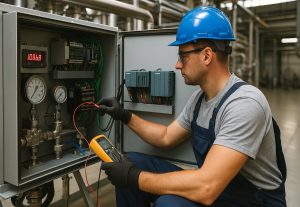 Industrial I&E Technician working with instrumentation equipment in a production facility