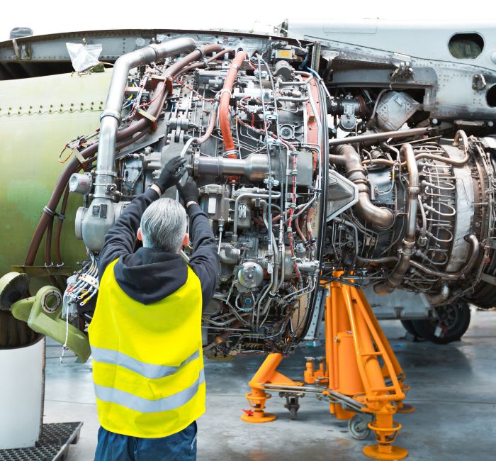 Aerospace technician performing maintenance on an aircraft engine in a controlled environment