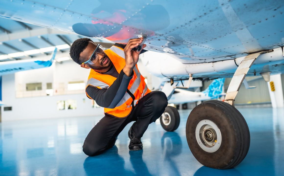 Aerospace technicians performing aircraft assembly and maintenance in a regulated production environment